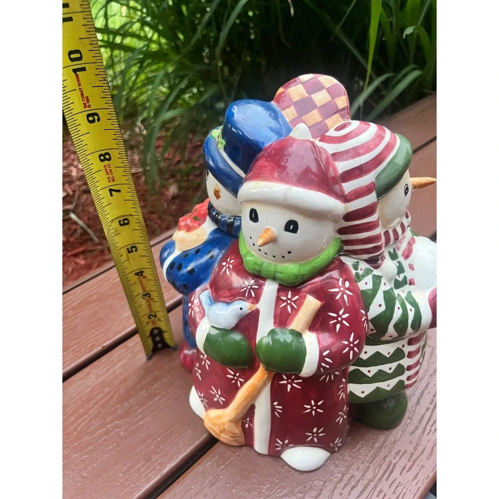 Vintage Christmas Snowman Trio Ceramic Cookie Jar Hand Painted Holiday Decor